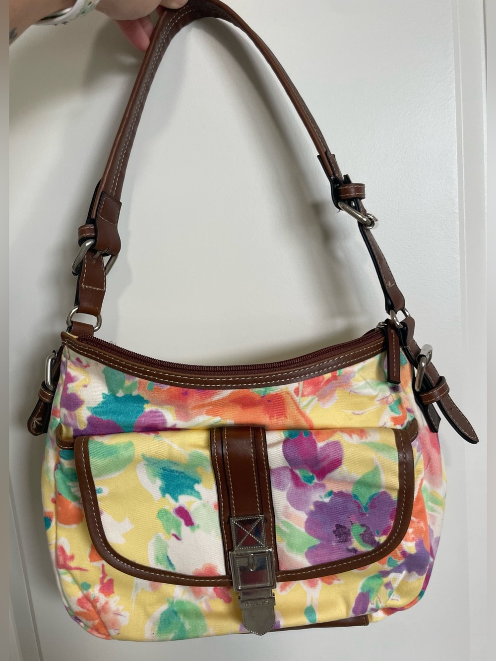 Chaps Yellow Multicolor Floral Shoulder Bag with Brown Trim